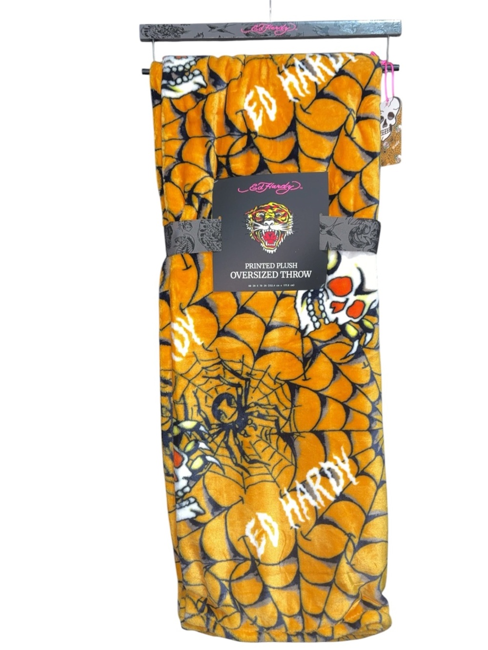 Ed Hardy Orange & Black Skull Web Plush Oversized Throw